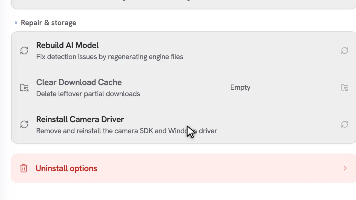 Launcher Settings Maintenance area showing the Reinstall Camera Driver row