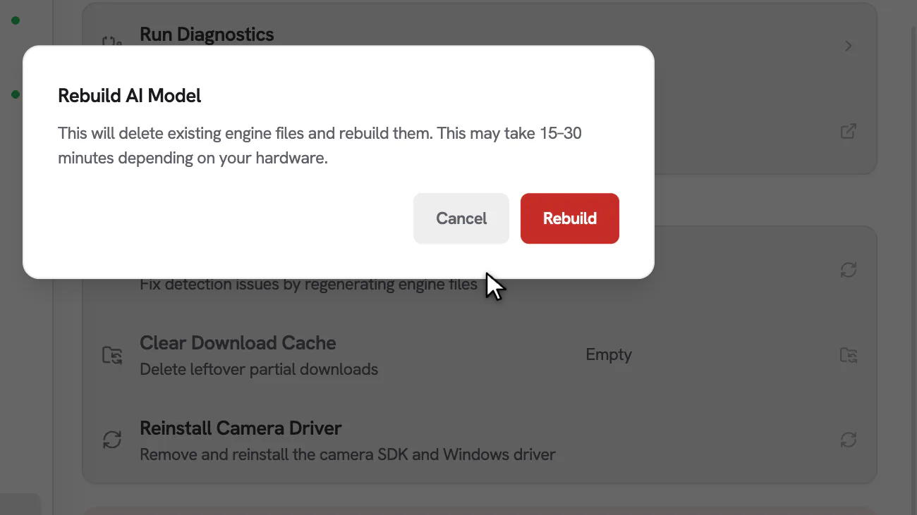 Launcher confirmation dialog for rebuilding the AI Model
