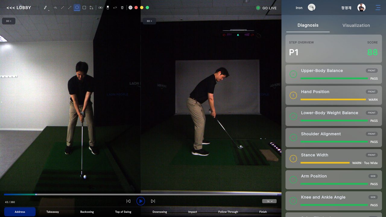 SwingEZ AI Pose Analysis & Diagnosis module showing dual-camera Face-On and Down-The-Line views, P1 step overview with composite score, and per-segment diagnostic bars including Upper-Body Balance, Hand Position, Lower-Body Weight Balance, Shoulder Alignment, Stance Width, Arm Position, and Knee and Ankle Angle with pass and warn indicators